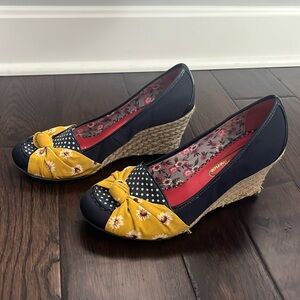 Poetic License London blue polka dot with yellow floral bow wedge shoes 8.5